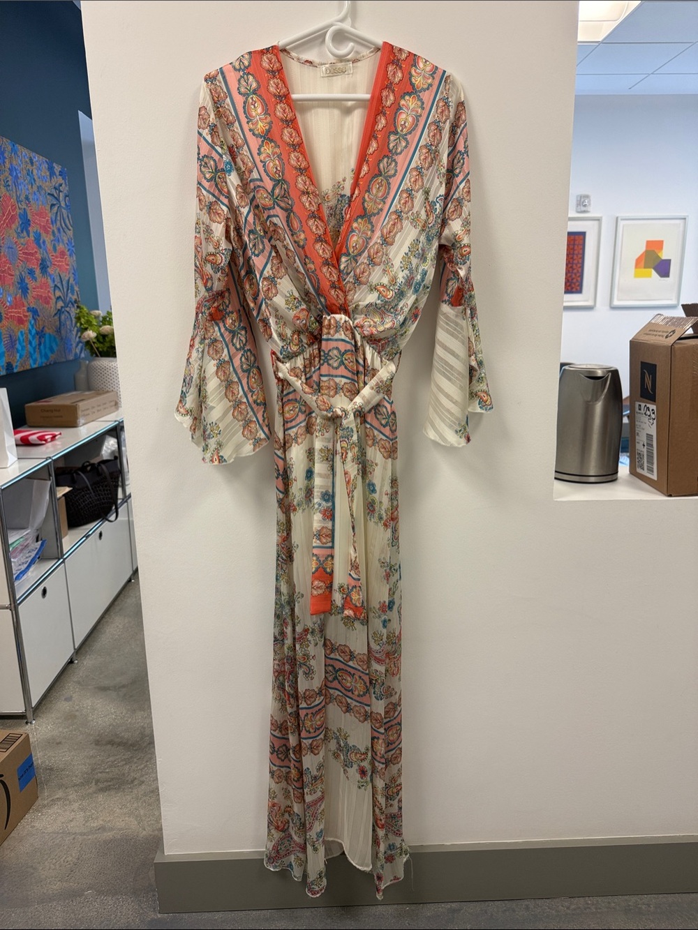 Floral Border Maxi Wrap Dress in Coral and Cream